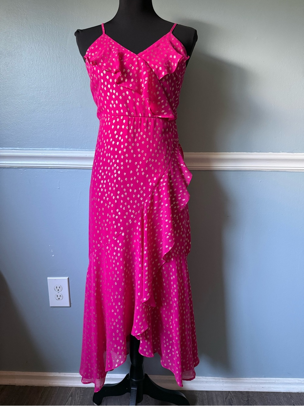 MSK Fuchsia Pink Ruffle Midi Dress with Gold Dot Accents M